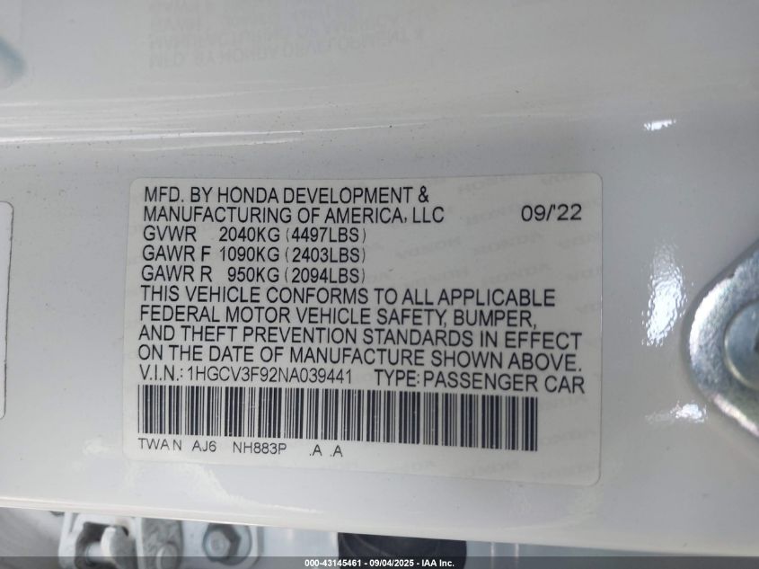 2022 Honda Accord Hybrid Touring VIN: 1HGCV3F92NA039441 Lot: 43145461