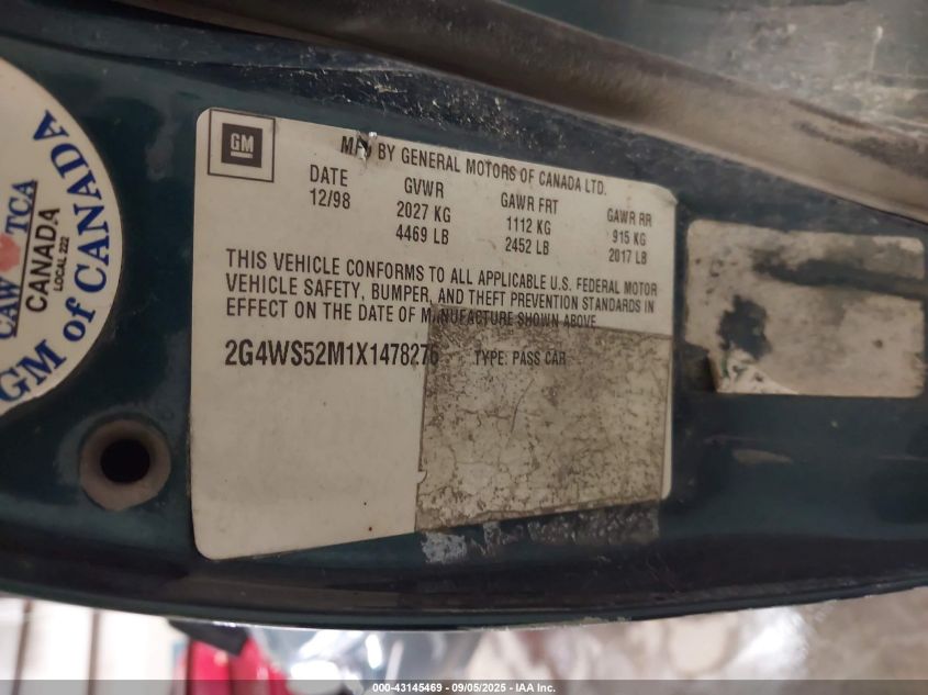 1999 Buick Century Custom VIN: 2G4WS52M1X1478276 Lot: 43145469