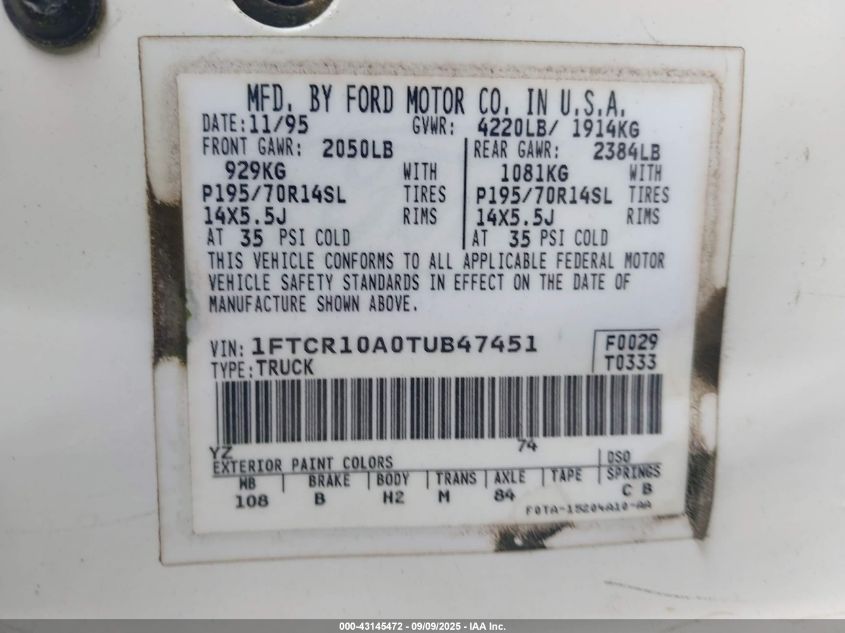 1996 Ford Ranger VIN: 1FTCR10A0TUB47451 Lot: 43145472