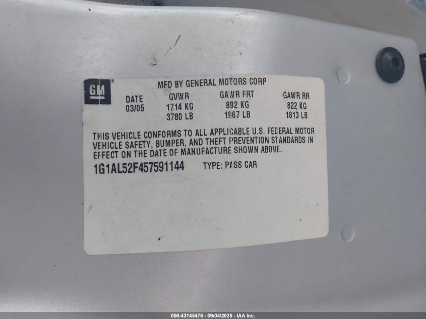 2005 Chevrolet Cobalt Ls VIN: 1G1AL52F457591144 Lot: 43145476