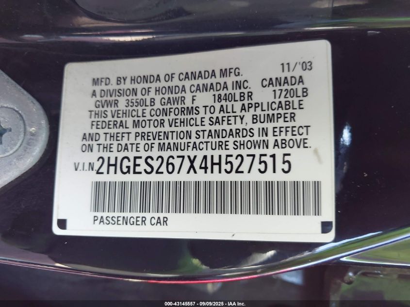 2004 Honda Civic Ex VIN: 2HGES267X4H527515 Lot: 43145557