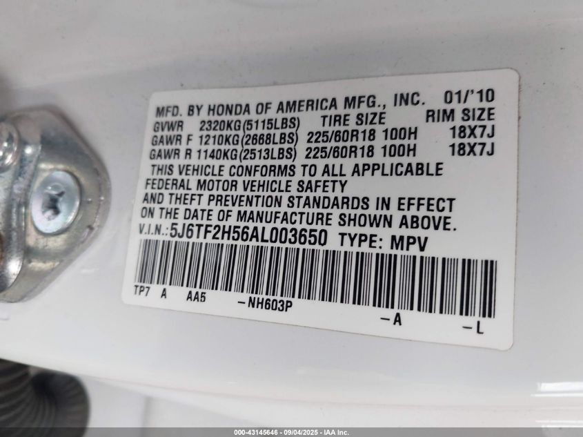 2010 Honda Accord Crosstour Ex-L VIN: 5J6TF2H56AL003650 Lot: 43145646