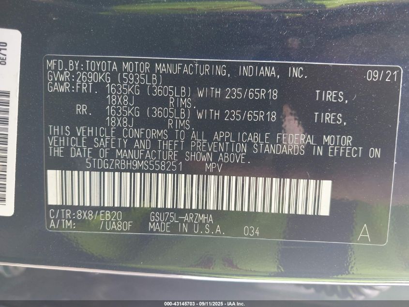 2021 Toyota Highlander Xle VIN: 5TDGZRBH9MS558251 Lot: 43145703