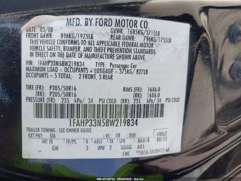 2008 Ford Focus Se/Ses VIN: 1FAHP33N58W219834 Lot: 43145723