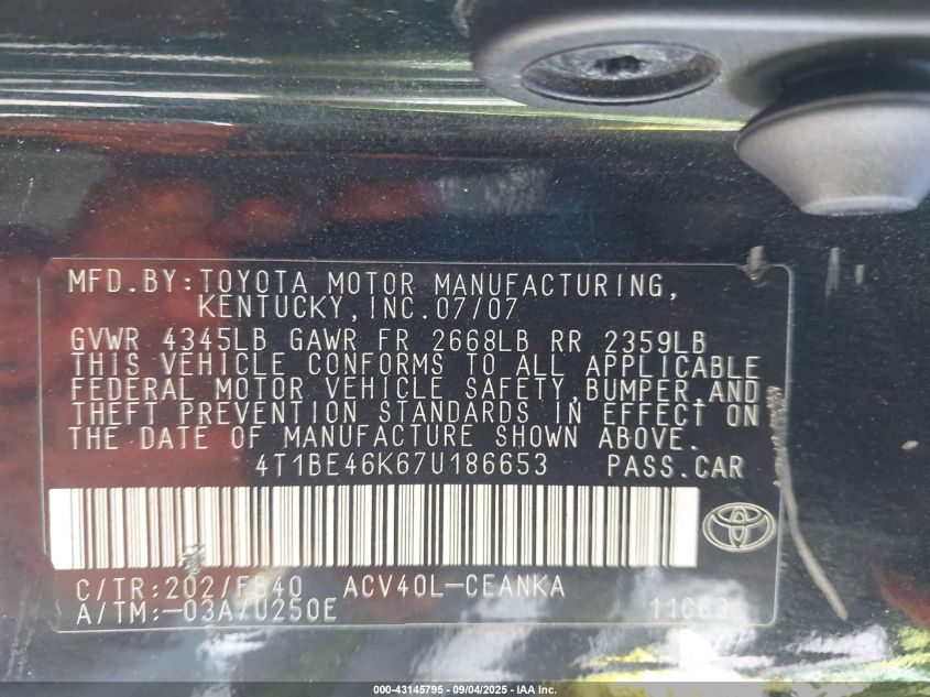 2007 Toyota Camry Le VIN: 4T1BE46K67U186653 Lot: 43145795
