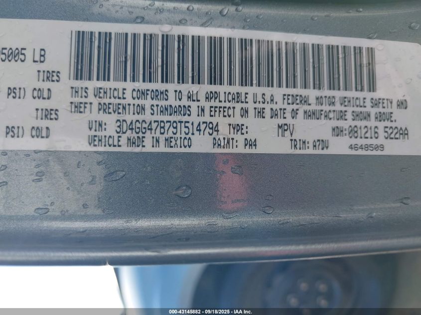 2009 Dodge Journey Se VIN: 3D4GG47B79T514794 Lot: 43145882