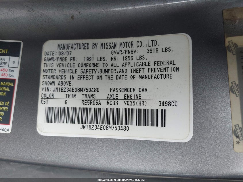 2008 Nissan 350Z Enthusiast VIN: JN1BZ34E08M750480 Lot: 43145889