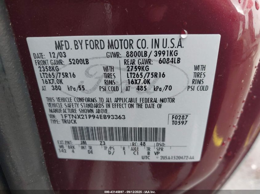 2004 Ford F-250 Lariat/Xl/Xlt VIN: 1FTNX21P94EB93363 Lot: 43145897