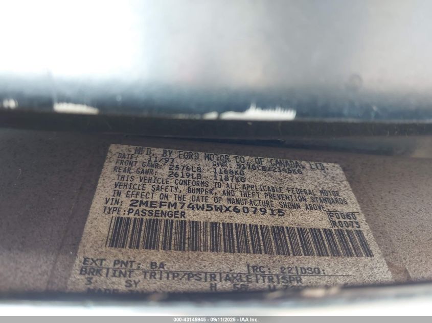 1998 Mercury Grand Marquis VIN: 2MEFM74W5WX607915 Lot: 43145945