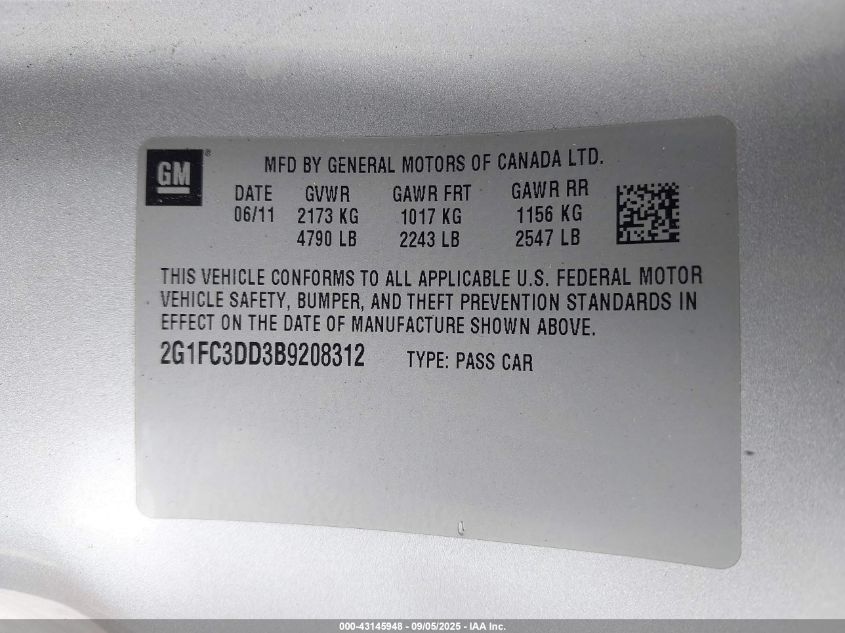 2011 Chevrolet Camaro 2Lt VIN: 2G1FC3DD3B9208312 Lot: 43145948
