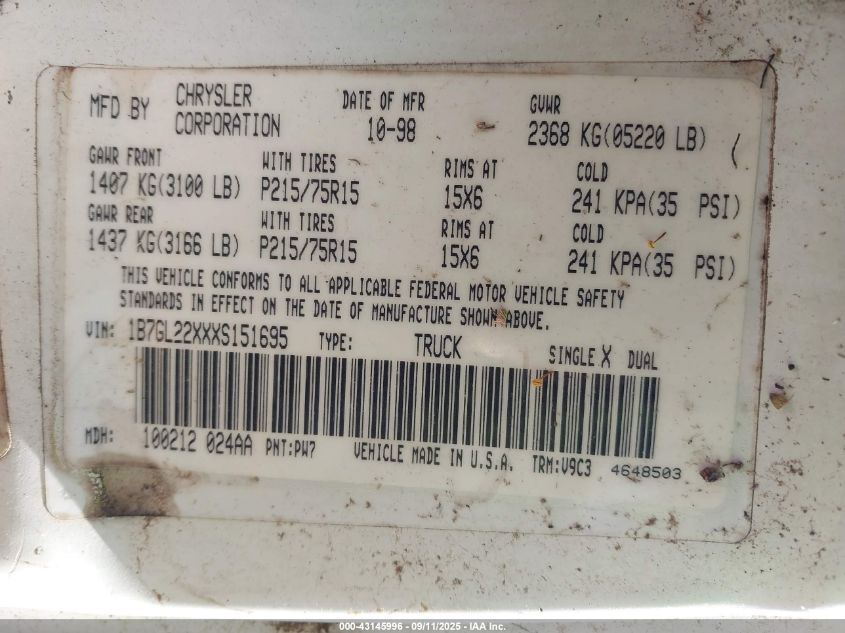 1999 Dodge Dakota Slt/Sport VIN: 1B7GL22XXXS151695 Lot: 43145996