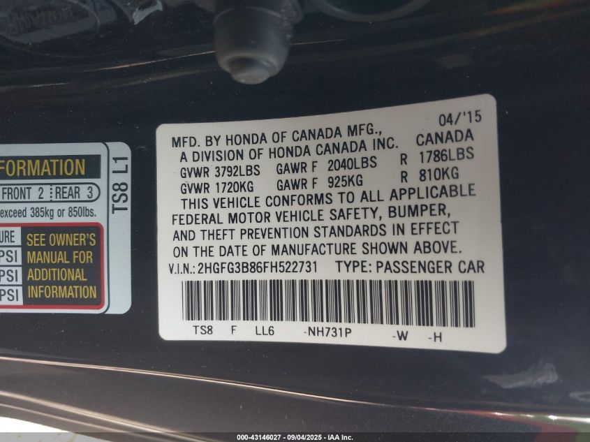 2015 Honda Civic Ex VIN: 2HGFG3B86FH522731 Lot: 43146027