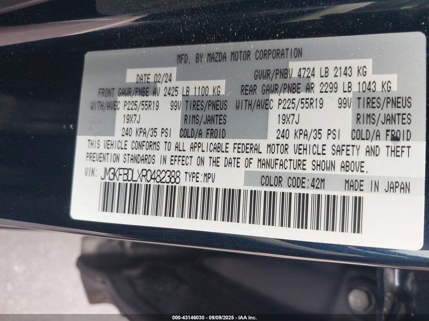 2024 Mazda Cx-5 2.5 S Premium VIN: JM3KFBDLXR0482388 Lot: 43146030