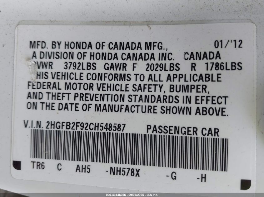 2012 Honda Civic Ex-L VIN: 2HGFB2F92CH548587 Lot: 43146056