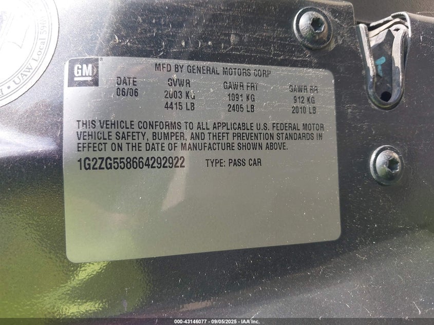 2006 Pontiac G6 VIN: 1G2ZG558664292922 Lot: 43146077