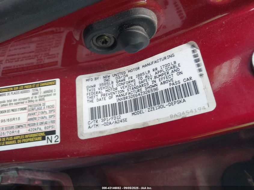 2004 Toyota Corolla S VIN: 1NXBR32E64Z326596 Lot: 43146082