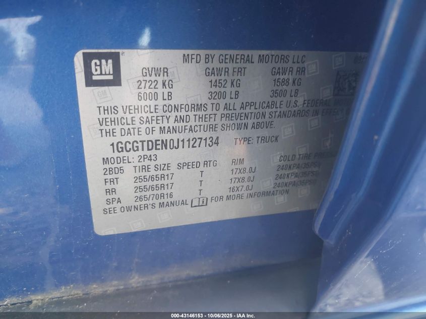 2018 Chevrolet Colorado Z71 VIN: 1GCGTDEN0J1127134 Lot: 43146153