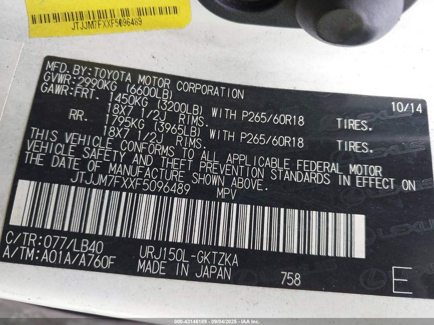 2015 Lexus Gx 460 Luxury VIN: JTJJM7FXXF5096489 Lot: 43146189