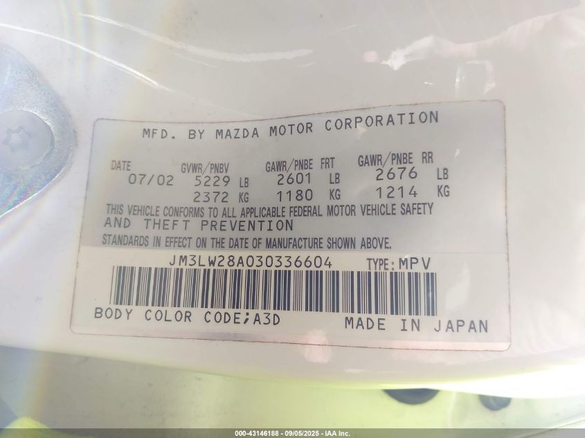 2003 Mazda Mpv Es/Lx/Lx-Sv VIN: JM3LW28A030336604 Lot: 43146188