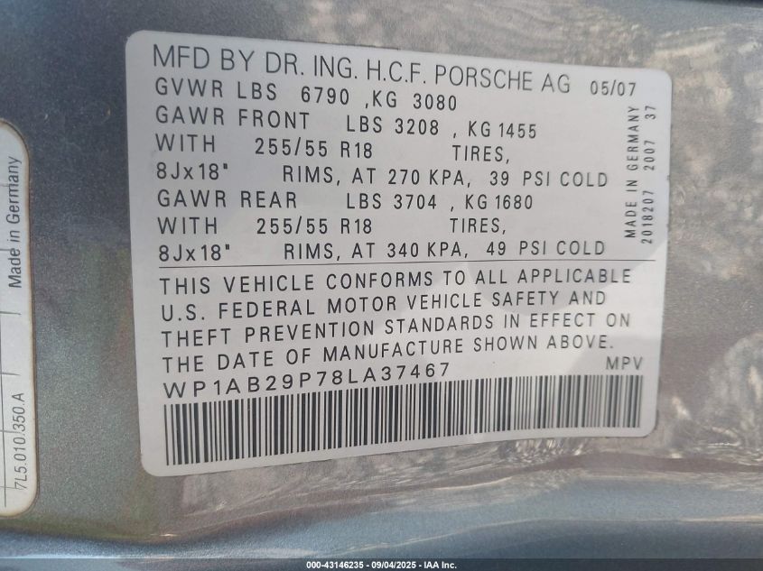 2008 Porsche Cayenne S VIN: WP1AB29P78LA37467 Lot: 43146235