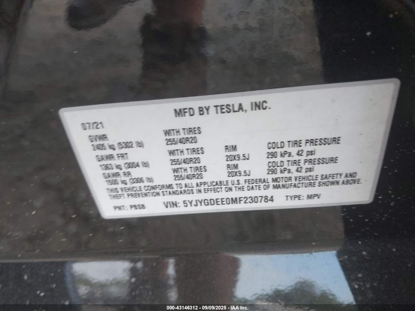 2021 Tesla Model Y Long Range Dual Motor All-Wheel Drive VIN: 5YJYGDEE0MF230784 Lot: 43146312