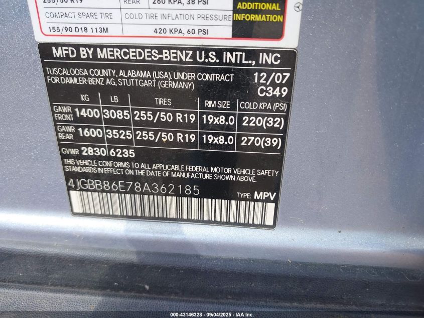 2008 Mercedes-Benz Ml 350 4Matic VIN: 4JGBB86E78A362185 Lot: 43146328