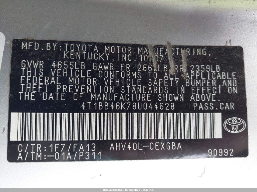 2008 Toyota Camry Hybrid VIN: 4T1BB46K78U044628 Lot: 43146354