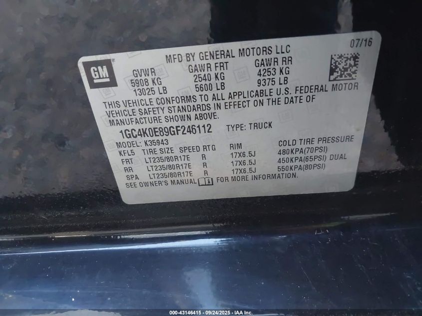 2016 Chevrolet Silverado 3500Hd Ltz VIN: 1GC4K0E89GF246112 Lot: 43146415