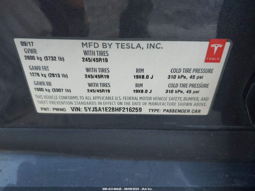 2017 Tesla Model S 100D/60D/75D/90D/P100D VIN: 5YJSA1E28HF216259 Lot: 43146448