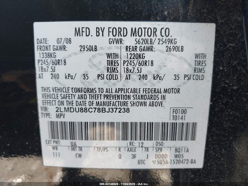 2008 Lincoln Mkx VIN: 2LMDU88C78BJ37238 Lot: 43146549