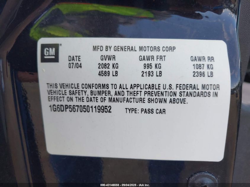 2005 Cadillac Cts Standard VIN: 1G6DP567050119952 Lot: 43146558