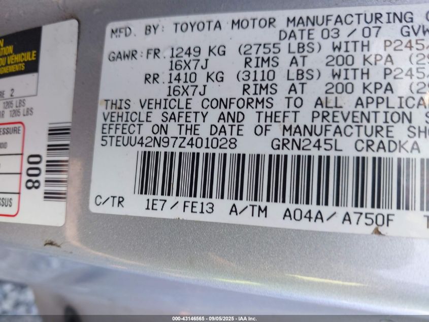 2007 Toyota Tacoma Base V6 VIN: 5TEUU42N97Z401028 Lot: 43146565