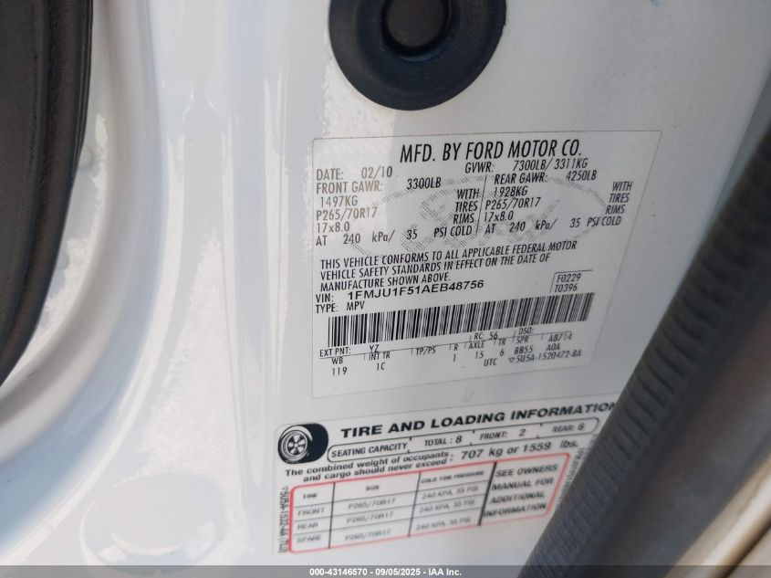 2010 Ford Expedition Xlt VIN: 1FMJU1F51AEB48756 Lot: 43146570