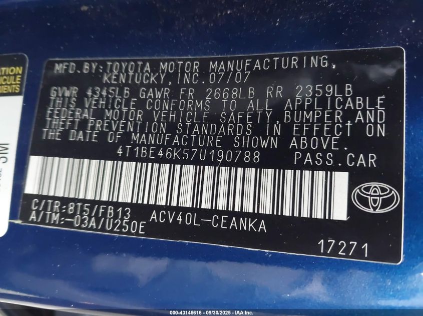 2007 Toyota Camry Le VIN: 4T1BE46K57U190788 Lot: 43146616