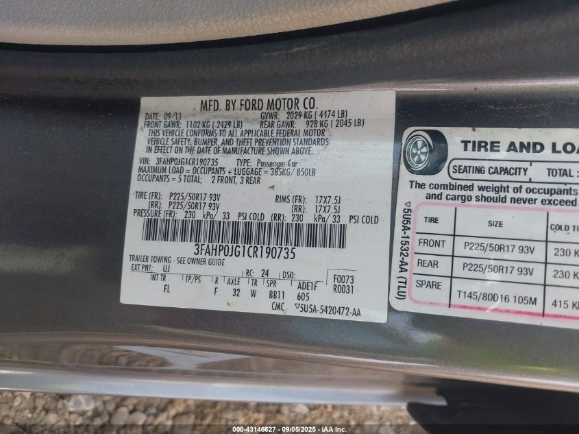 2012 Ford Fusion Sel VIN: 3FAHP0JG1CR190735 Lot: 43146627