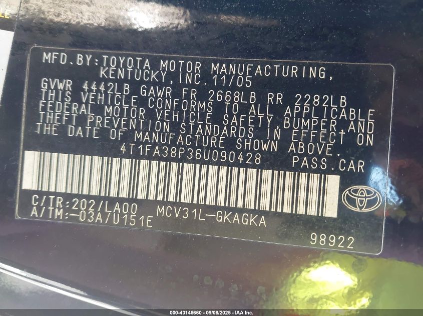 2006 Toyota Camry Solara Sle VIN: 4T1FA38P36U090428 Lot: 43146660