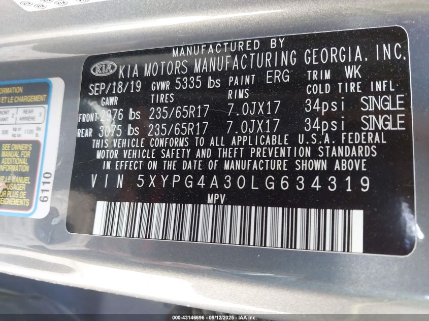 2020 Kia Sorento 2.4L Lx VIN: 5XYPG4A30LG634319 Lot: 43146696