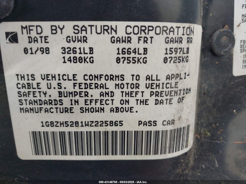 1998 Saturn Sl1 VIN: 1G8ZH5281WZ225865 Lot: 43146708