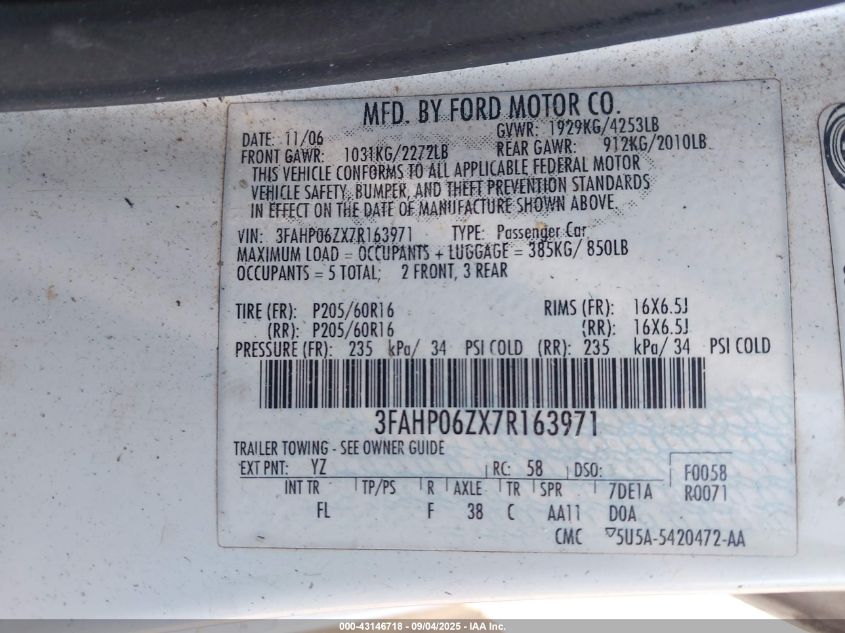 2007 Ford Fusion S VIN: 3FAHP06ZX7R163971 Lot: 43146718
