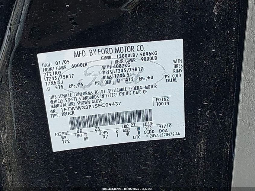 2005 Ford F-350 Lariat/Xl/Xlt VIN: 1FTWW33P15EC09437 Lot: 43146723