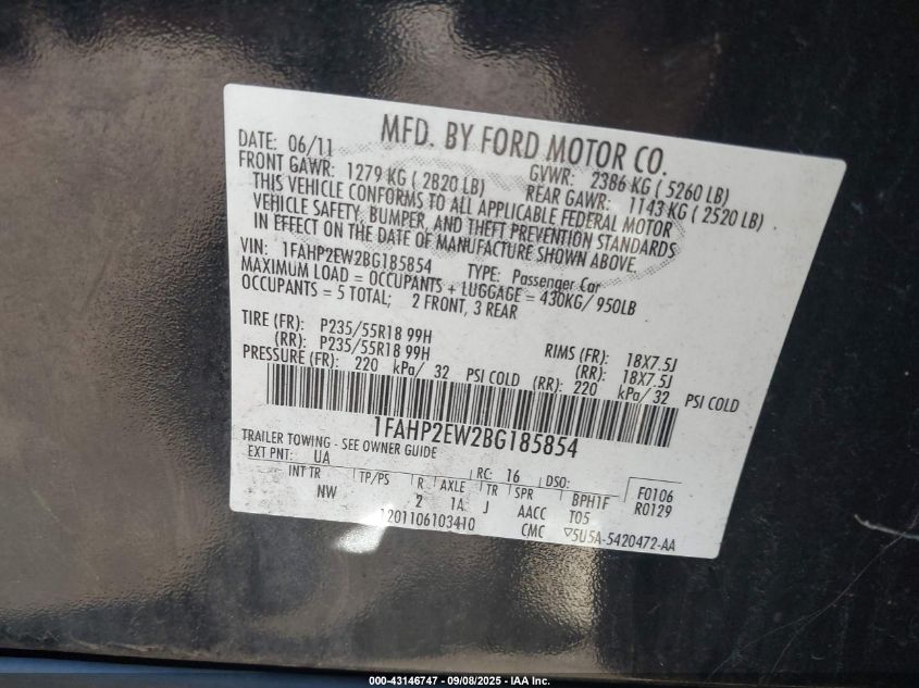 2011 Ford Taurus Sel VIN: 1FAHP2EW2BG185854 Lot: 43146747