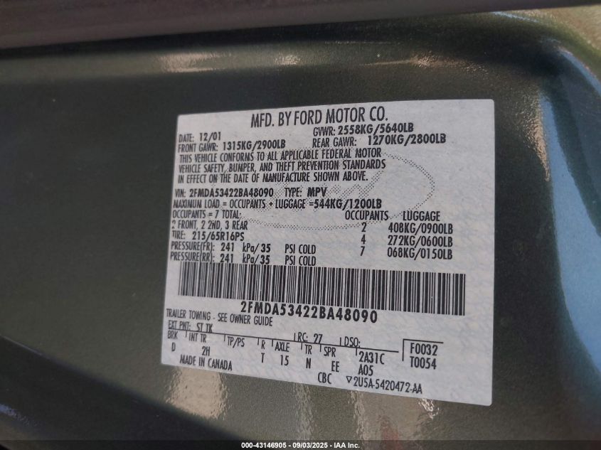 2002 Ford Windstar Sel VIN: 2FMDA53422BA48090 Lot: 43146905