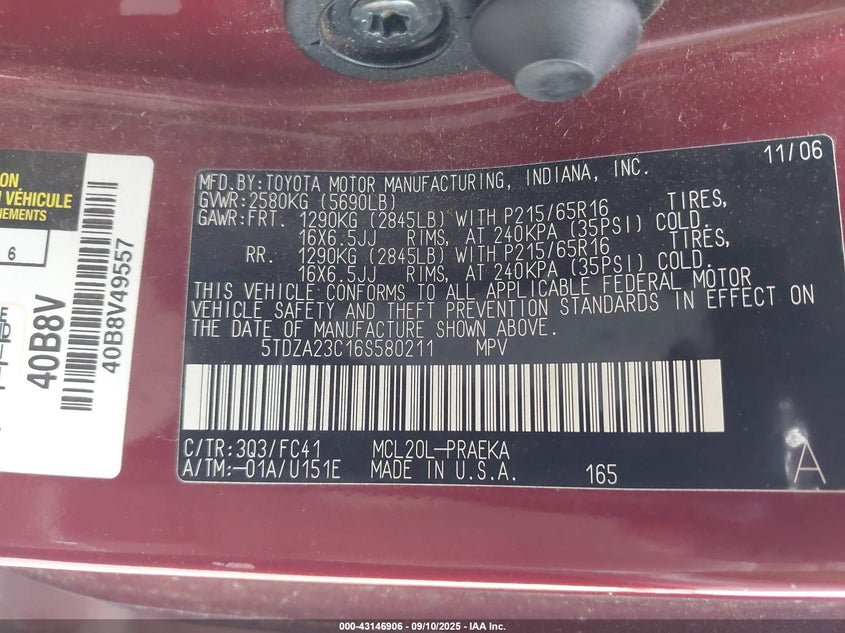 5TDZA23C16S580211 2006 TOYOTA SIENNA photo no. 9
