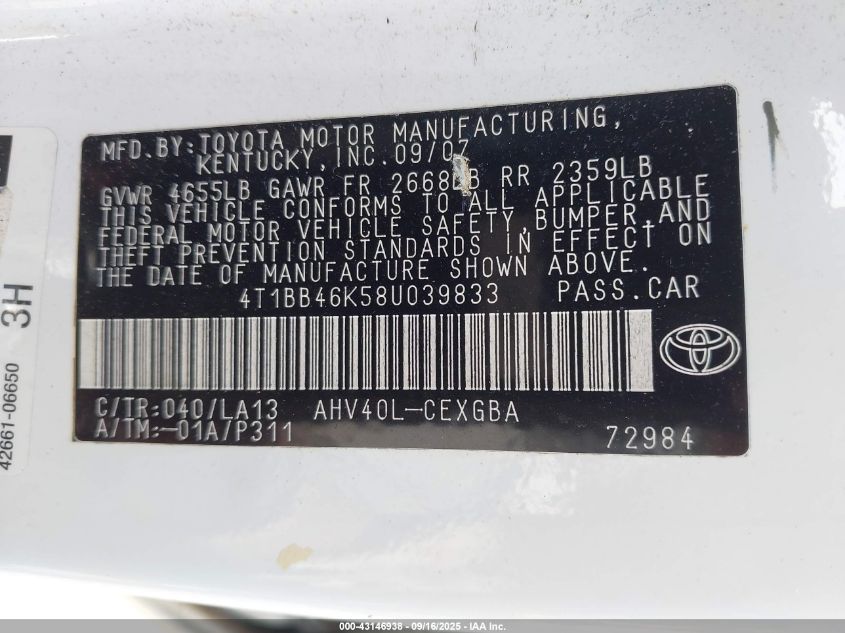 2008 Toyota Camry Hybrid VIN: 4T1BB46K58U039833 Lot: 43146938