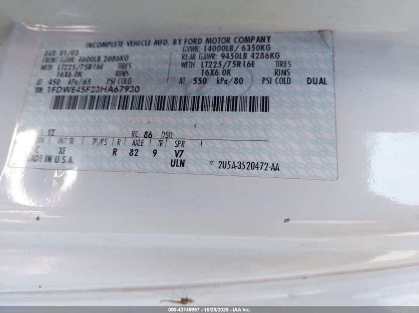 2003 Ford E-450 Cutaway Standard VIN: 1FDWE45F23HA67930 Lot: 43146957