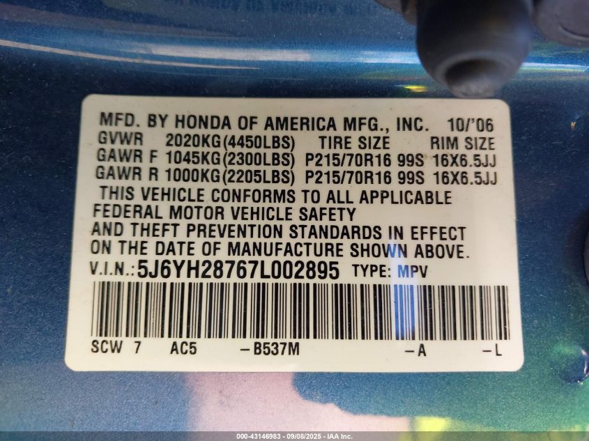 2007 Honda Element Ex VIN: 5J6YH28767L002895 Lot: 43146983
