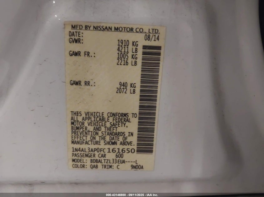 2015 NISSAN ALTIMA 2.5 SL - 1N4AL3AP0FC161650