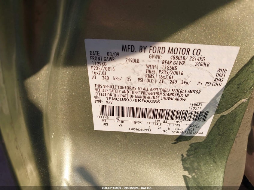 1FMCU59379KB86385 2009 FORD ESCAPE photo no. 9