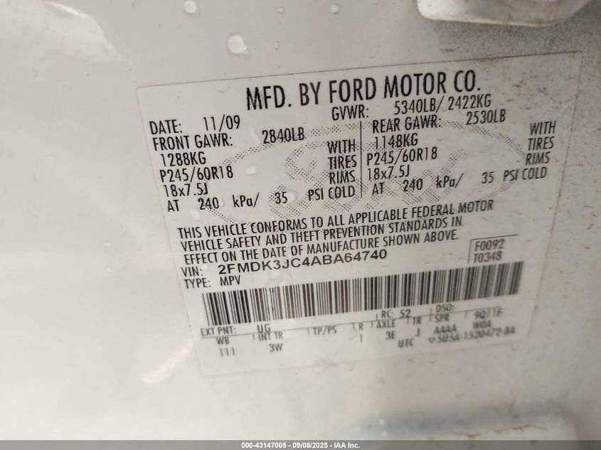 2010 Ford Edge Sel VIN: 2FMDK3JC4ABA64740 Lot: 43147005