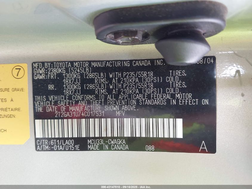 2004 Lexus Rx 330 VIN: 2T2GA31U74C017531 Lot: 43147010